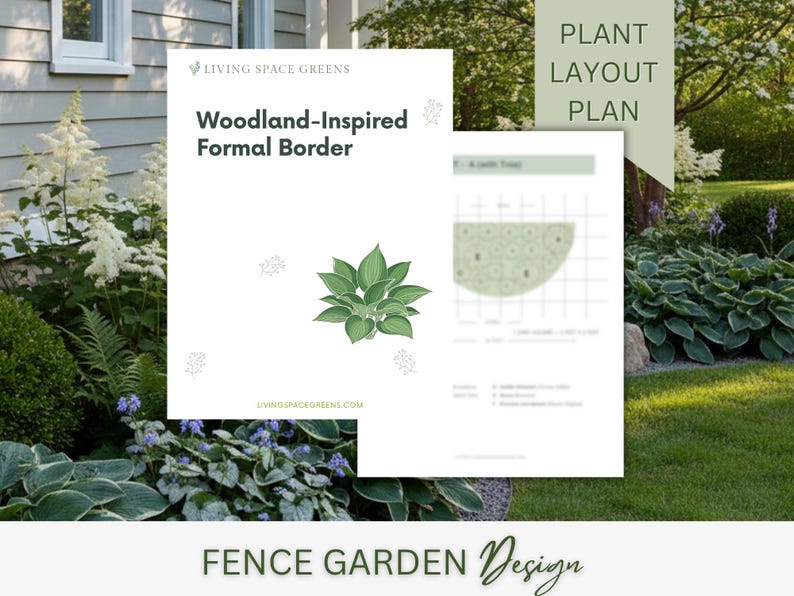 May include: A garden design concept with a white background featuring a green plant illustration and the text "Woodland-Inspired Formal Border." A plant layout plan is also shown. The words "Fence Garden Design" are at the bottom.