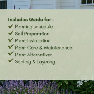 May include: A light green sign with the text "Includes Guide for -" followed by a list of gardening topics. The topics include planting schedule, soil preparation, plant installation, plant care, and scaling.