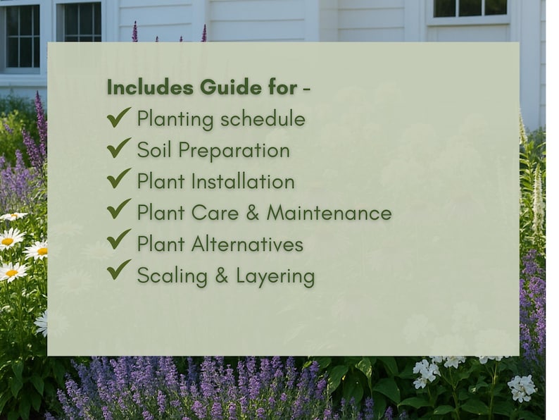 May include: A light green sign with the text "Includes Guide for -" followed by a list of gardening topics. The topics include planting schedule, soil preparation, plant installation, plant care, and scaling.