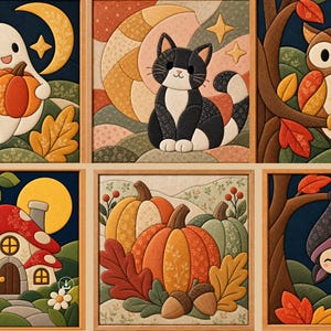 May include: A set of six square fabric wall art panels featuring autumn themes including a ghost with a pumpkin, a black and white cat, an owl, a mushroom house, pumpkins with acorns, and a hanging bat, all framed in light wood.