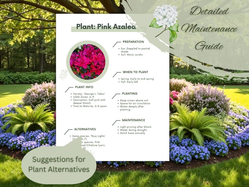 May include: A detailed maintenance guide for Pink Azalea plants. The guide includes plant info, planting instructions, and maintenance tips. The image features a garden bed with pink and blue flowers.