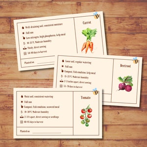 May include: A set of four printable garden plant cards with watercolor illustrations of carrots, tomatoes, beets, and a bee. Each card includes information about the plant's growing conditions, such as soil type, sun exposure, and days to harvest.