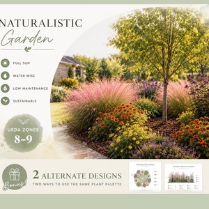 May include: A digital garden design guide titled Naturalistic Garden featuring a photograph of a landscape with pink ornamental grasses, yellow and orange flowers, and a tree. Text includes Full Sun, Water Wise, Low Maintenance, Sustainable, USDA Zones 8-9, and 2 Alternate Designs with two small layout diagrams.