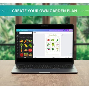 May include: A laptop computer screen displaying a garden planning tool. The screen shows a grid with various vegetables, including tomatoes, cucumbers, broccoli, and carrots. The tool allows users to create their own garden plans.