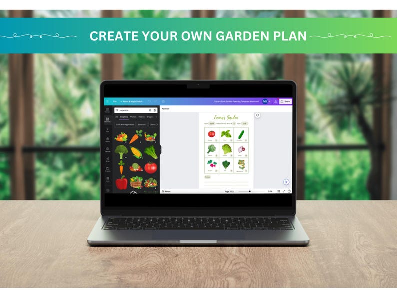 May include: A laptop computer screen displaying a garden planning tool. The screen shows a grid with various vegetables, including tomatoes, cucumbers, broccoli, and carrots. The tool allows users to create their own garden plans.