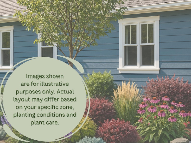 Op de afbeelding: Een huizenexterieur met blauwe gevelbekleding en witte kozijnen. De afbeelding toont een bloembed met diverse planten en bloemen. Tekst op de afbeelding luidt: "Afbeeldingen zijn uitsluitend ter illustratie."