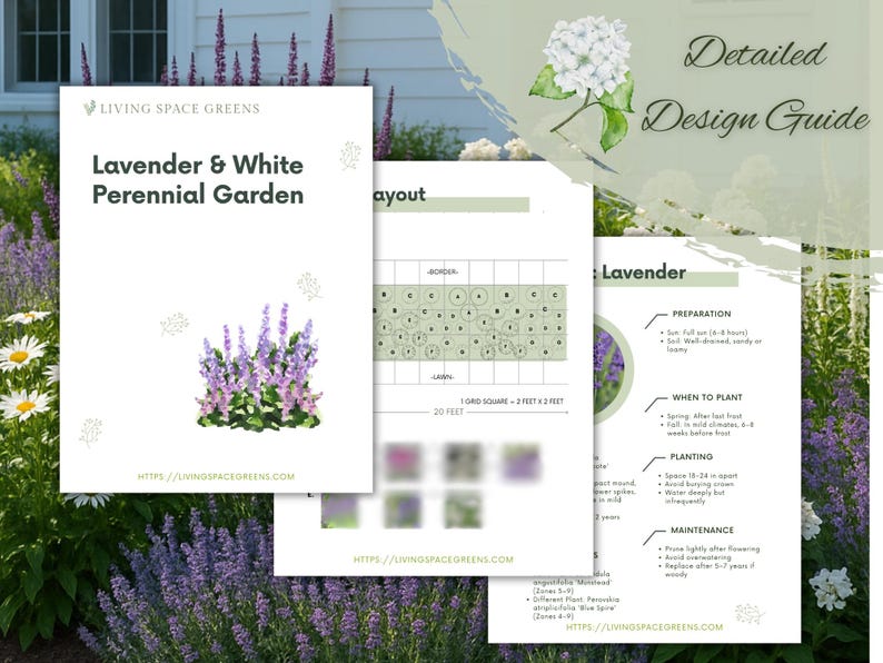 May include: A detailed design guide for a lavender and white perennial garden. The guide includes a layout, preparation, and maintenance tips. The image features a white background with text and illustrations of lavender and white flowers.