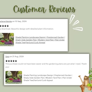 May include: A light green background with the words "Customer Reviews" in a handwritten font. Two customer reviews are displayed in white boxes, each with a 5-star rating and text about the product. The reviews mention "Shade Planting Landscape Design" and other garden plans.