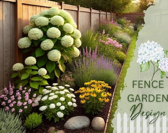 Op de afbeelding: Een weelderig tuinontwerp met een houten schutting, een verscheidenheid aan bloeiende planten en een decoratief wit schuttingshek. De tuin omvat hortensia's, lavendel en andere kleurrijke bloemen. De tekst "Fence Garden Design" wordt weergegeven op een groene achtergrond.