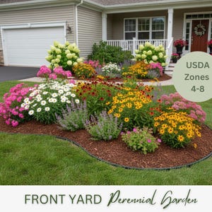Puede incluir: Un colorido jardín delantero con una variedad de flores perennes en tonos rosa, blanco, amarillo y rojo. El jardín está bordeado por un borde oscuro y rodeado de hierba verde. La imagen incluye el texto "USDA Zones 4-8" y "FRONT YARD Perennial Garden."