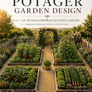 Könnte beinhalten: Ein Gartenplanungsleitfaden mit dem Titel POTAGER GARDEN DESIGN A 14' x 20' FRENCH-INSPIRED KITCHEN GARDEN COMPLETE PLANTING GUIDE & LAYOUT PLAN. Das Bild zeigt einen symmetrischen Gemüsegarten mit vier Hochbeeten, Kieswegen und einem Torbogen.