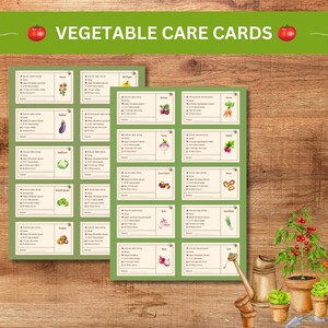 May include: Printable vegetable care cards with illustrations of various vegetables, including tomatoes, eggplant, broccoli, and carrots. The cards are green with white text and are designed to help gardeners care for their plants.