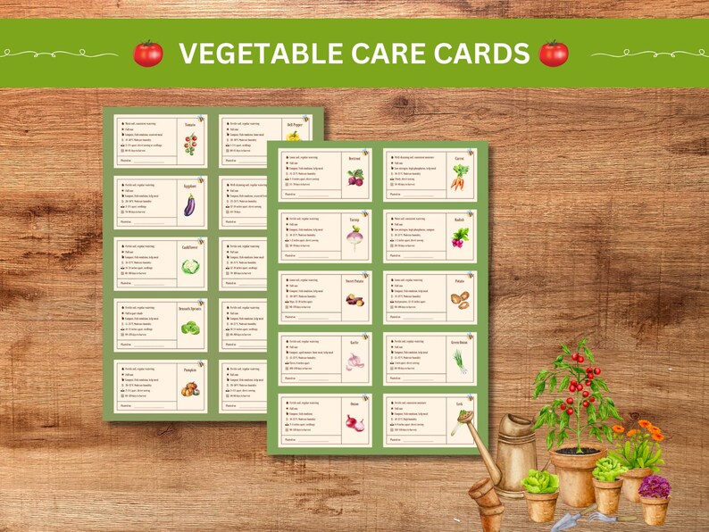 May include: Printable vegetable care cards with illustrations of various vegetables, including tomatoes, eggplant, broccoli, and carrots. The cards are green with white text and are designed to help gardeners care for their plants.