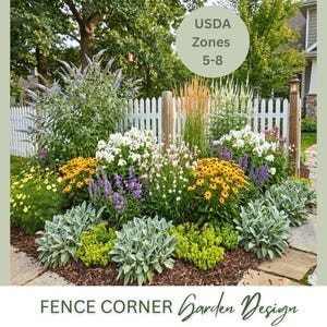 May include: A vibrant garden bed with a white picket fence, featuring a variety of colorful flowers, including yellow, purple, and white blooms. The image includes the text "USDA Zones 5-8" and "Fence Corner Garden Design".