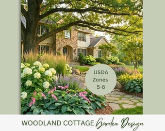 May include: A garden design with a stone house, diverse plants, and flowers. The image shows a large tree, a stone path, and a sign indicating USDA Zones 5-8. The text reads "Woodland Cottage Garden Design."