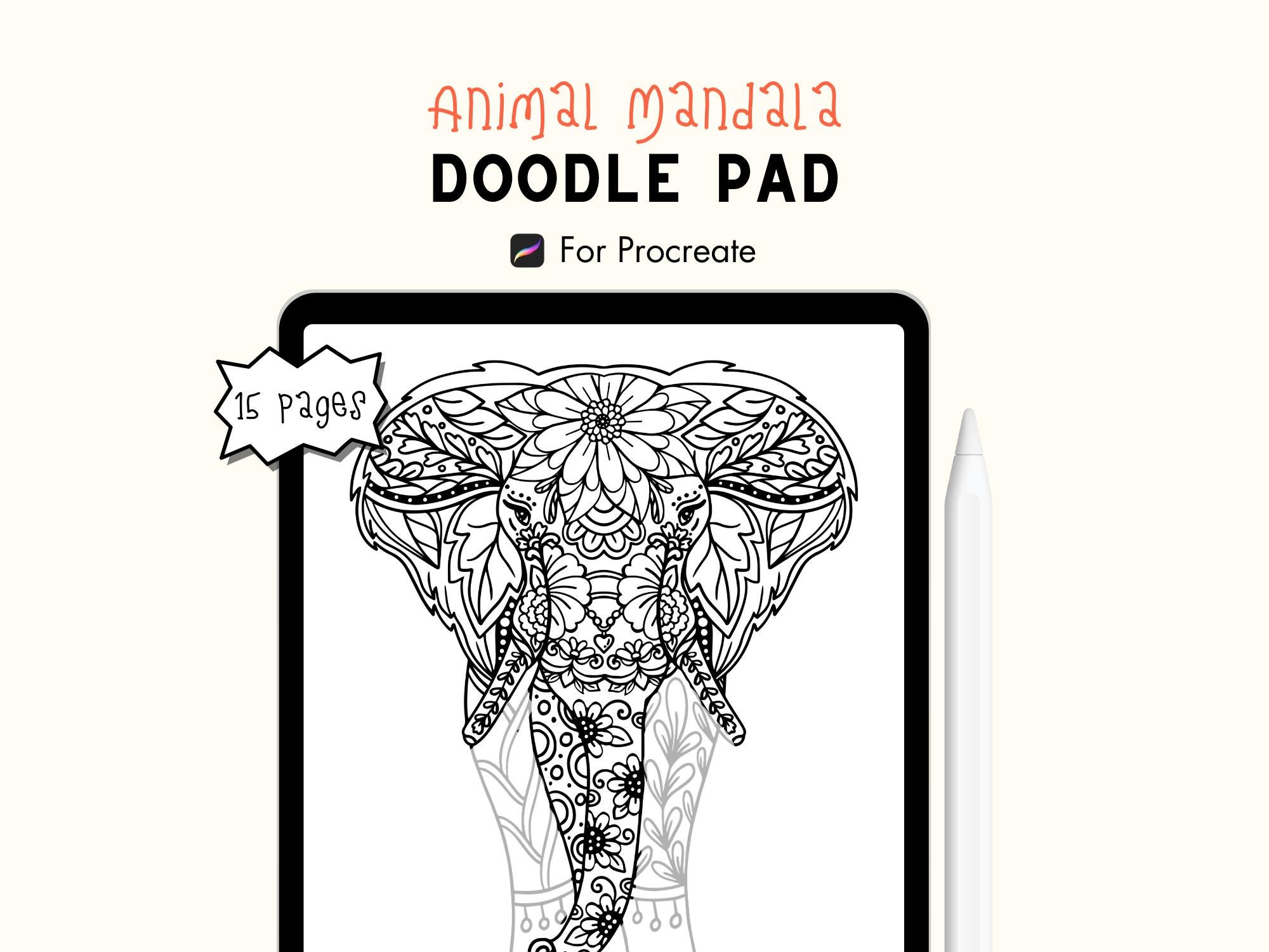 Bloc Doodle de Mandalas de Animales para Procreate – Kit de Calco y Coloreo para Adultos en iPad (Descarga Instantánea)