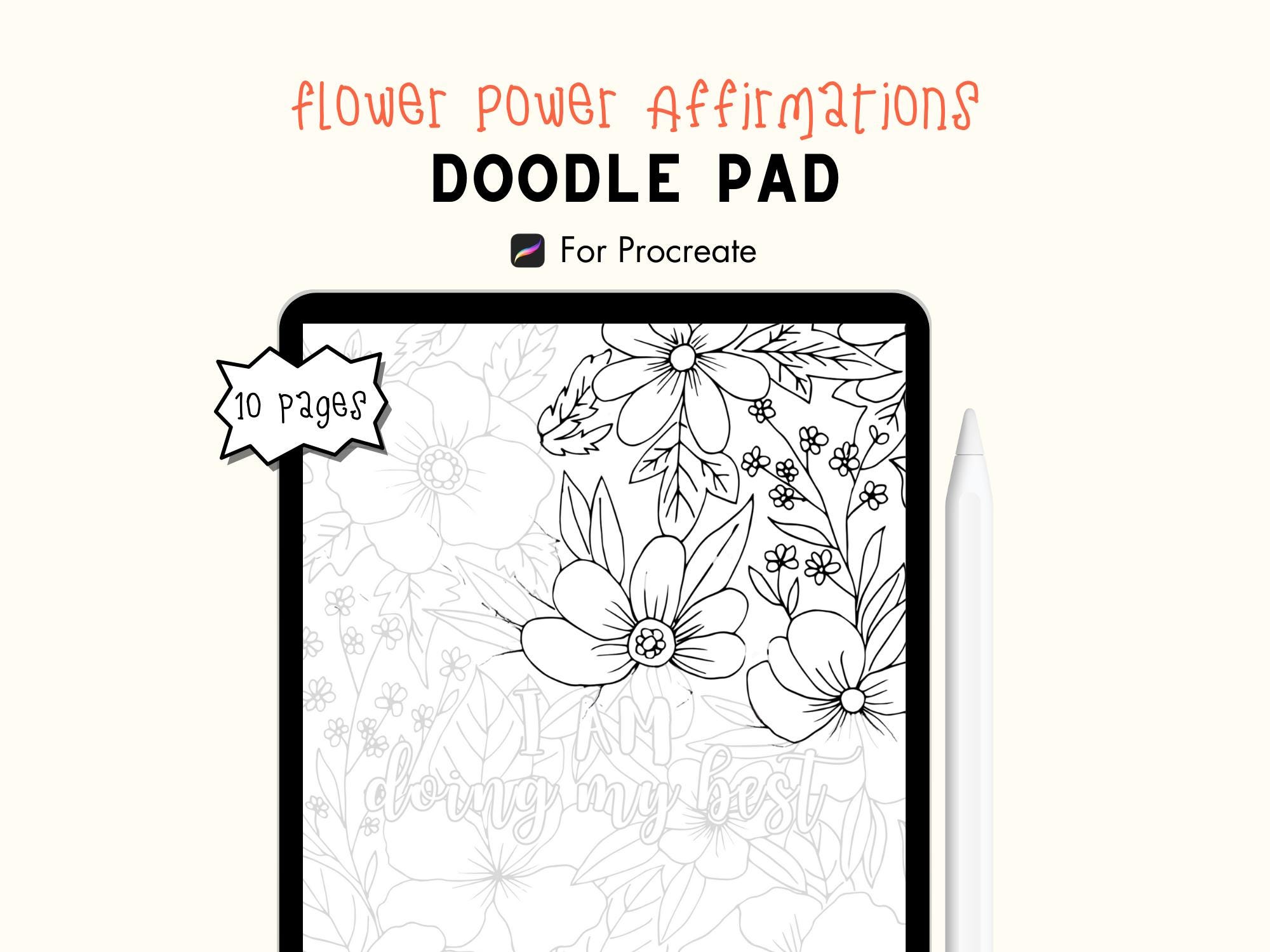 Procreate Flower Doodle Pad & Coloring Workbook with Affirmations – Brushes, Stamps & Palette, iPad Instant Download