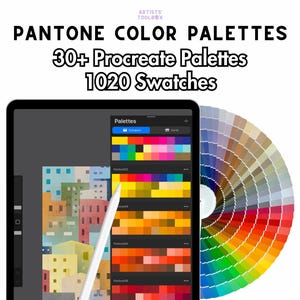 May include: A digital tablet displays a Procreate color palette with a stylus, alongside a color wheel. The text reads "PANTONE COLOR PALETTES" and "30+ Procreate Palettes 1020 Swatches."