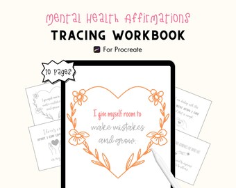 Mental Health Affirmations Doodle Pad for Procreate, Mental Wellness, Self-care, Workbook, Tracing, Coloring Book, iPad, Instant Download