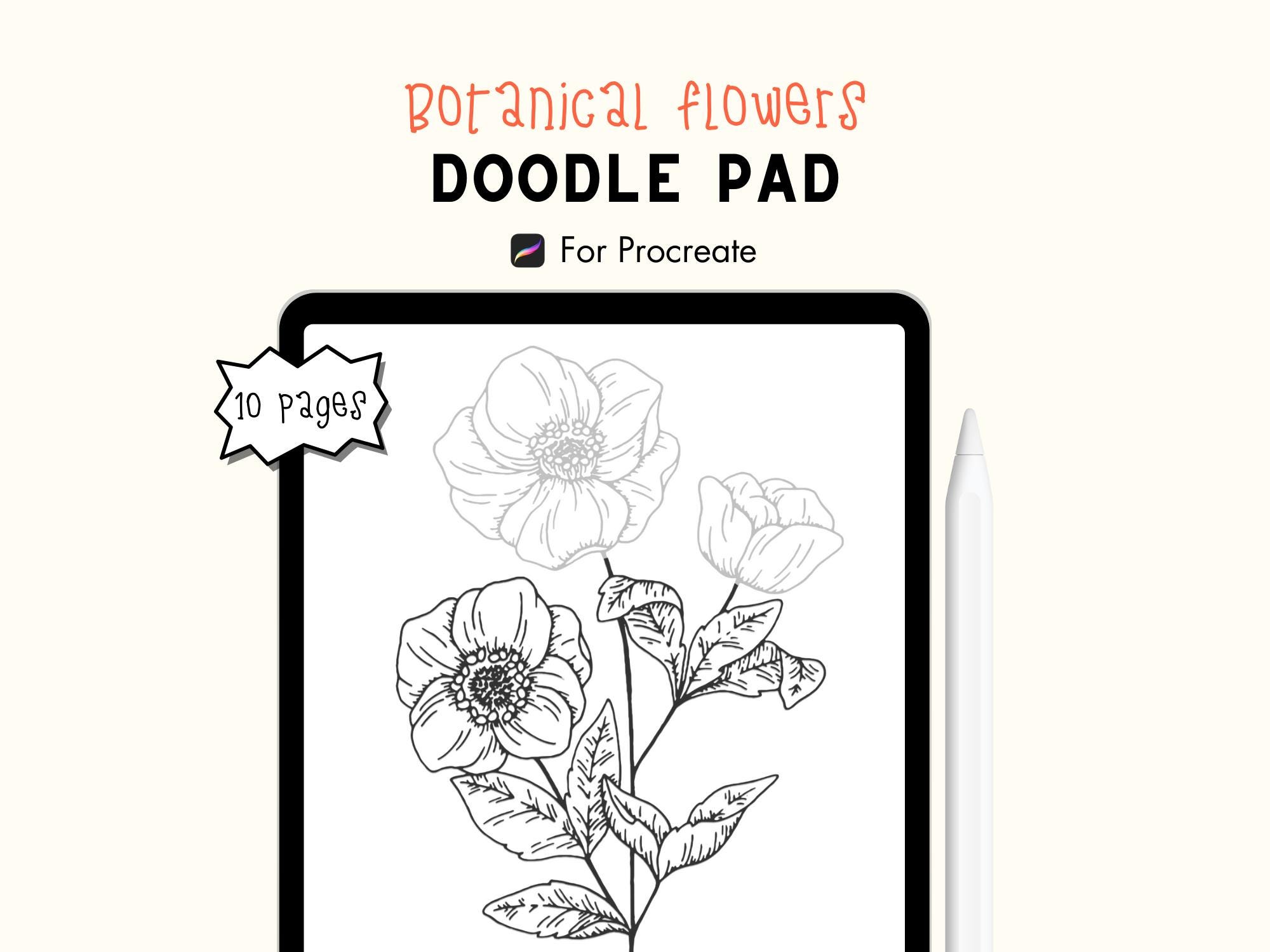 Flores botânicas Procreate Bloco de doodle e Kit de colorir para iPad – Pincéis, Carimbos, PNGs, Download instantâneo