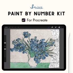 May include: A digital illustration of a paint-by-number kit for Procreate featuring a bouquet of blue irises in a white vase. The image is displayed on a tablet screen.