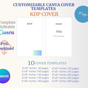 Może przedstawiać: Grafika cyfrowa przedstawiająca 10 konfigurowalnych szablonów okładek Canva dla książek Kindle Direct Publishing (KDP). Szablony mają rozmiar 15,24 cm na 22,86 cm i są dostępne w różnych liczbach stron, od 50 do 300 stron. Grafika zawiera tekst "KONFIGUROWALNE SZABLONY OKŁADEK CANVA KDP COVER 6"x9""