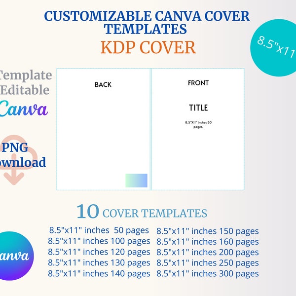 CANVA KDP 8.5"x11" Cover Templates for 50, 100, 120, 139, 140, 150, 160, 200, 250, 300 pages ready to edit