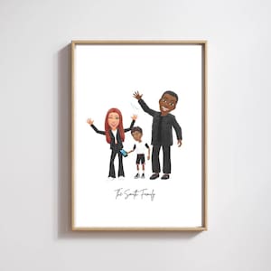 Könnte beinhalten: Ein gerahmtes Familienporträt mit drei Cartoonfiguren: einer Frau mit roten Haaren, einem Jungen und einem Mann. Die Frau und der Mann winken. Der Junge hält ein Telefon. Der Text "The Smith Family" steht darunter.