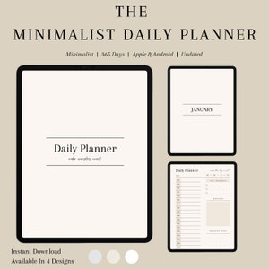 Puede incluir: Una maqueta de una aplicación de agenda digital en la pantalla de una tableta. La aplicación se llama "The Minimalist Daily Planner" y presenta un diseño simple y limpio con el texto "Daily Planner" y "make everyday count!" La aplicación está disponible para dispositivos Apple y Android e incluye 365 días de planificación.