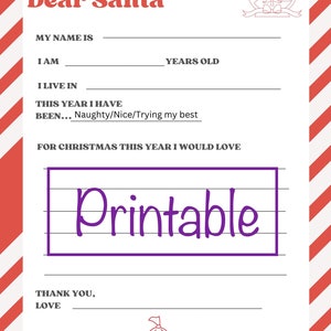 Carta de Papá Noel imprimible/ Carta a Papá Noel / Navidad Imprimible / Imprimible / Navidad