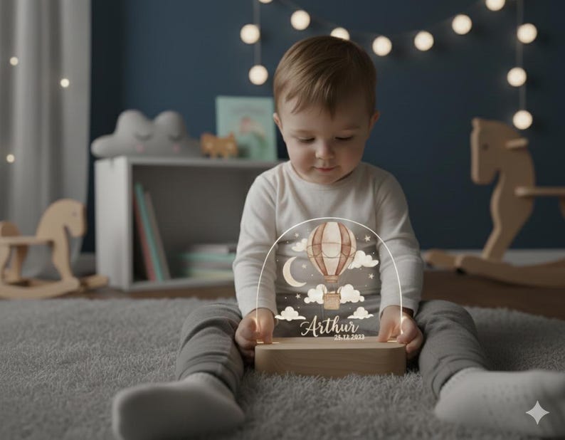 Luz de noche personalizada con nombre de bebé grabado, lámpara de globo aerostático para guardería, regalo de recuerdo para recién nacidos, decoración para baby shower - Luz personalizada para habitación infantil