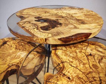 Epoxy Coffee Table Set of 3: Handmade Natural Wood Nesting Tables