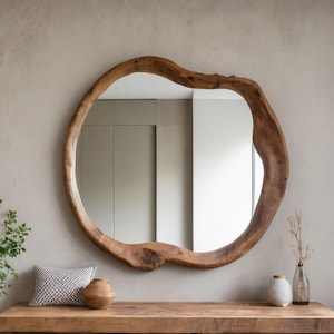 Asymmetrical Wood Wall Mirror: Handmade Rustic Wooden Frame