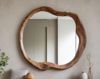 May include: A large, round mirror with a natural wood frame. The frame has an organic, irregular shape. The mirror is hanging on a neutral-colored wall above a wooden console table. Decorative items, including a pillow and vases, are on the table.