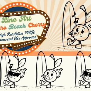 Grafika liniowa Retro Beach Cherry Clipart | 4 ilustracje PNG Line Art | Surfing Fruit Cartoon | Wykorzystanie komercyjne | Pobierz Retro Summer Art