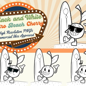 Czarno-biały retro plaża wiśnia clipart | Surfing Fruit Cartoon | Komercyjne wykorzystanie | Retro Summer Art Download | Vintage Cartoon Summer