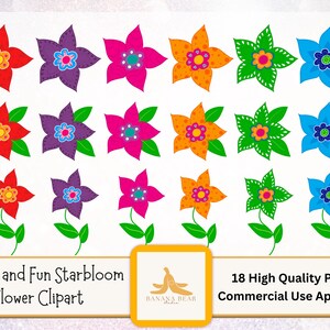 Helle und lustige Starbloom Blumen Clipart - 18 PNG Bündel | 6 Farbvarianten & 3 Styles | Handgezeichnete digitale Blumengrafik