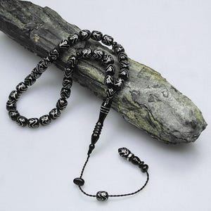 Handmade Black Jet (Oltu Stone) Prayer Beads with Double Zigzag Wire Inlay – Misbaha, Tasbih, Worry Beads for Men