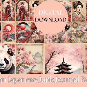 14 Vintage Asian Japanese Junk Journal Pages Geisha Printables sakura Ephemera Cherry Blossom Scrapbooking  Digital Papers Digital Download