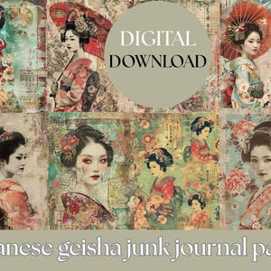 Vintage Geisha And Cherry Blossom Junk Journal Kit Oriental Sakura Scrapbooking & Mixed Media Digital Papers for Japanese Collage Art