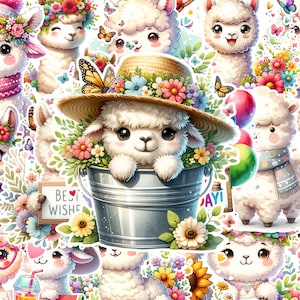 Oh So Sweet 18 Alpaca Stickers PNG Bundle + Bonus Sheets | 18 Cute 5x5&quot; Kawaii Alpaca Clipart | 300 DPI Printable Animal Stickers