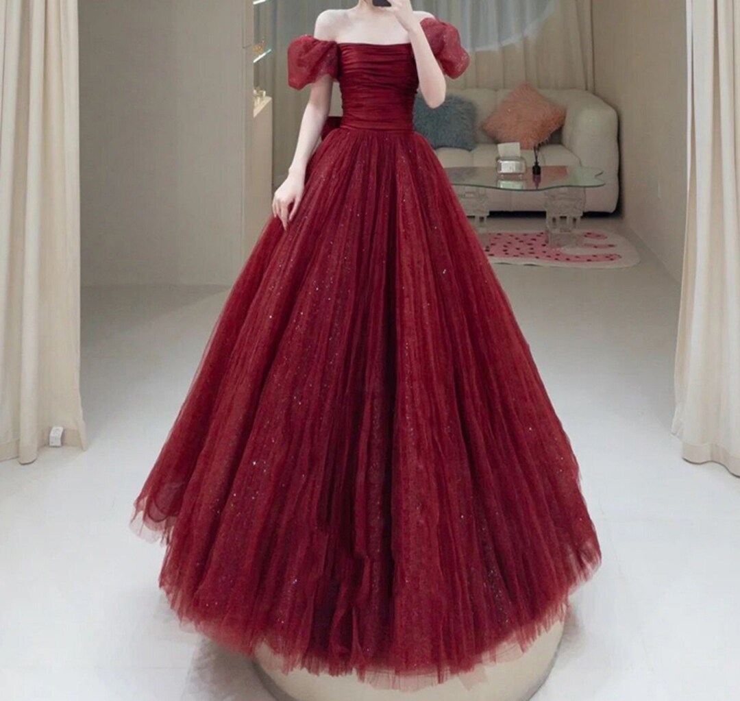 French Wine Red Glitter Tulle Prom Dress,red Prom Dress,princess Dress