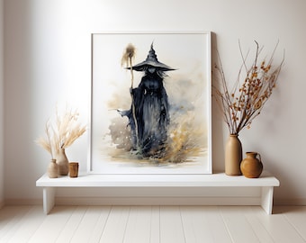 Watercolor Witch Halloween Print: Vintage Fall Decor (Digital Download)