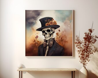 May include: Watercolor painting of a dapper skeleton wearing a black top hat adorned with orange roses and a bow tie. The skeleton is dressed in a black suit, set against a backdrop of warm, earthy tones and floral accents. A unique piece of art.