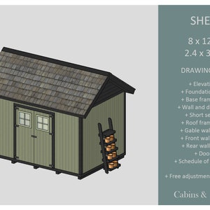 SHED , 8x12ft / 2.4x3.6m, blueprints / construction drawings for a garden shed with double doors, diy timber frame, ready to print pdf set image 2