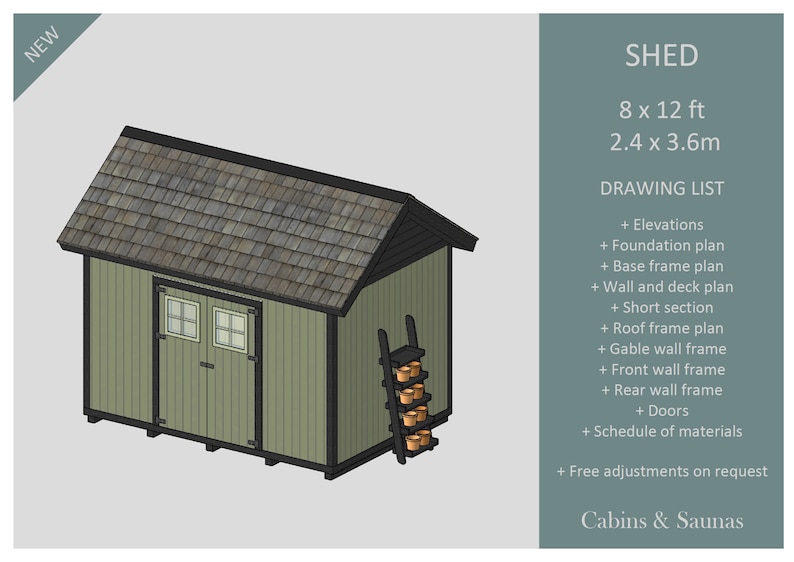 SHED , 8x12ft / 2.4x3.6m, blueprints / construction drawings for a garden shed with double doors, diy timber frame, ready to print pdf set image 2