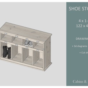 May include: A white wooden shoe storage unit with 8 compartments. The unit is 122 cm wide and 40 cm deep. It has a top shelf and a bottom shelf for storing shoes. The unit is labelled "Shoe Storage" and "4 x 1-4ft 122 x 40cm".