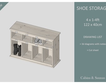SHOE STORAGE BLUEPRINTS, 4x1-4ft (122x40cm), printable construction drawings for a diy  entrance hall shoe storage cabinet.