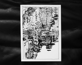 Puede incluir: Dibujo en tinta negra y blanca de un paisaje con mucho detalle. El dibujo está hecho en un estilo que recuerda a los grabados en madera.