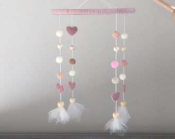Baby Girls Cot Mobile, Childrens Nursery Accessories, Gift Ideas for Baby Shower, Hand Made Tulle & Pom Pom Baby Mobile